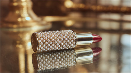 Lipstick on a background of golden scales. Selective focus.の素材