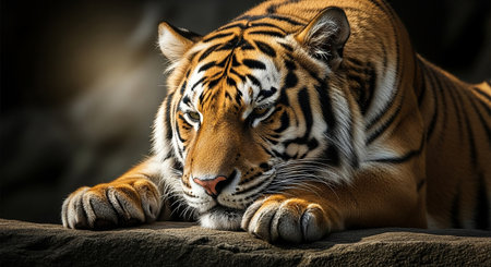 Close up of a tiger lying on a rock in a zoo.の素材