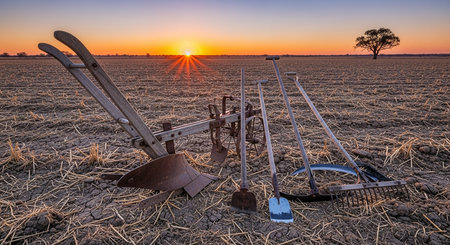 Agricultural plow in the field at sunset. Rural landscape.の素材