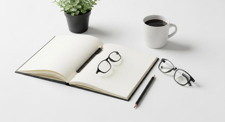 Modern workspace with coffee cup, notebook, eyeglasses and plant on white background. Flat lay, top viewの素材