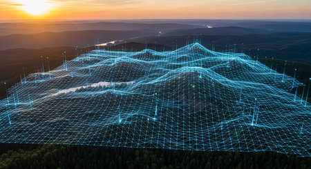 Futuristic wireframe landscape with mountains and sunset. 3d renderingの素材