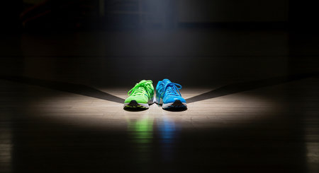 Pair of running shoes on a wooden floor illuminated by spotlightsの素材