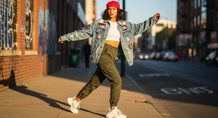 Young woman dancing hip-hop in the city. Urban lifestyle.の素材