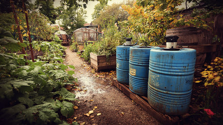 Old barrels for water in the garden. Photo in old color image style.の素材