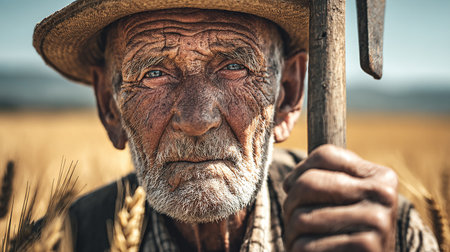 Old farmer in wheat field, close-up. Selective focus.の素材