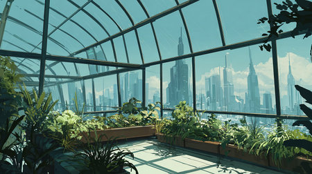 Greenhouse with plants and city view, 3D rendering. Computer digital drawing.の素材
