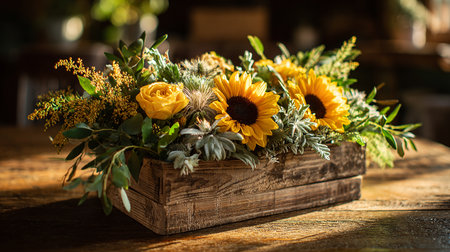Bouquet of yellow flowers in a wooden box on a wooden tableの素材