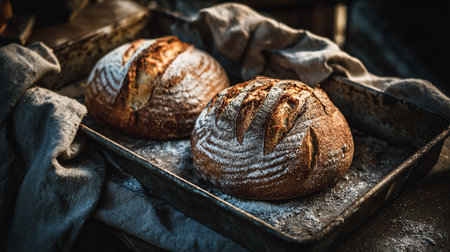 Freshly baked bread on a baking tray. Selective focus.の素材