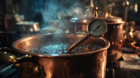 Cooking in a copper pot on a gas stove in a restaurantの素材