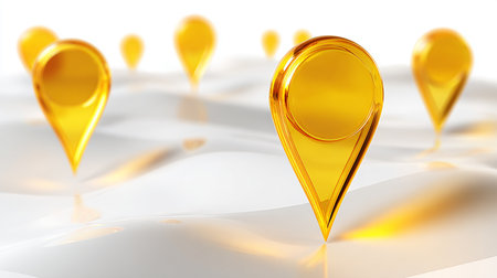 3d illustration of yellow map pointer over white background with reflection.の素材