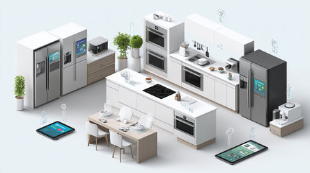 Modern kitchen interior with furniture and devices. 3d isometric illustrationの素材