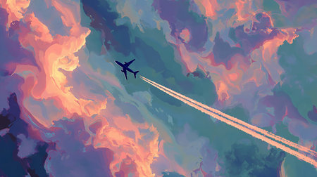 Airplane in sky with clouds. Abstract background. Vector illustration.の素材