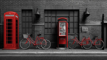 Red telephone booth with bicycles in London, UK. 3D renderingの素材