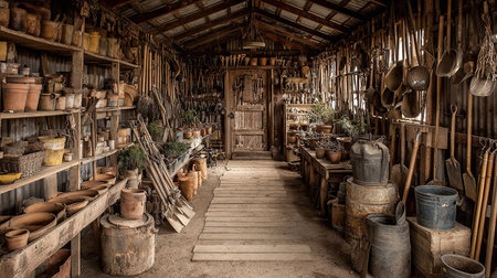 Old clay pots and tools in a pottery workshop. Toned.の素材