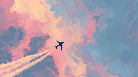 Airplane in the sky with smoke. 3d illustration. Abstract background.の素材