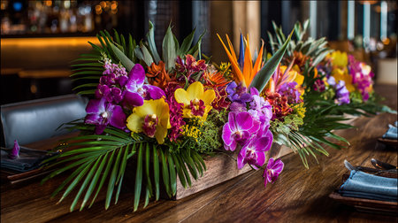 Colorful bouquet of orchids on a wooden table.の素材