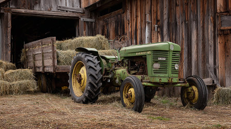 Old green tractor with hay bales in front of an old barnの素材