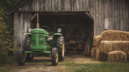 Old green tractor standing in front of a wooden shed with hay balesの素材