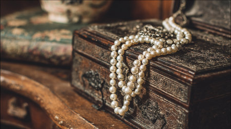 Pearl necklace on a wooden chest. Vintage style. Selective focus.の素材