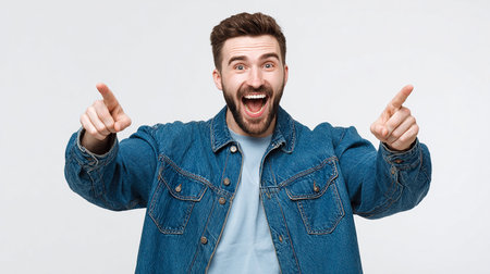 Portrait of a cheerful young man pointing fingers at copy space isolated over white backgroundの素材