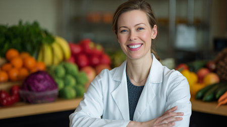 Portrait of smiling female doctor standing with arms crossed in grocery storeの素材