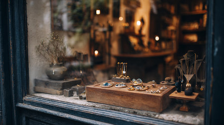 Wedding rings and jewelry on the table in the old shopの素材