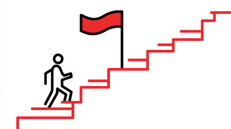 Businessman climbing the stairs with a red flag. Vector illustration.の素材