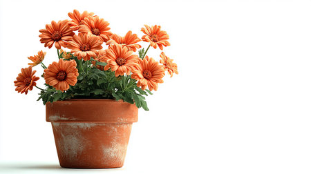 Orange chrysanthemum in a pot on a white backgroundの素材