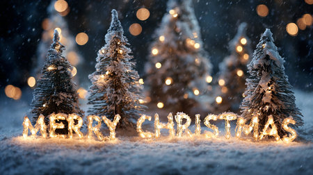 Merry Christmas and Happy New Year greeting card. Christmas tree and lights on background.の素材