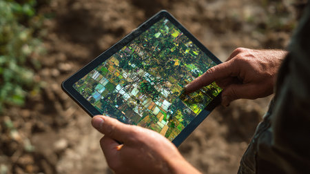 Close-up of man using digital tablet in the field. Technology conceptの素材
