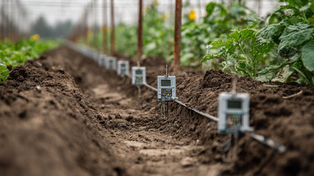 Agricultural field with drip irrigation system and solar panels. Selective focus.の素材