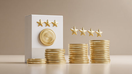 golden coin stack with star on white background. 3d renderingの素材