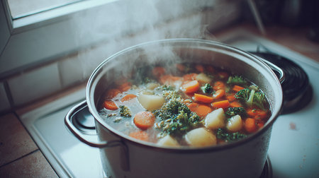 Cooking soup with vegetables in a pot on the kitchen table.の素材