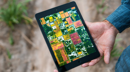 Digital tablet in the hands of a man against the background of the fieldの素材