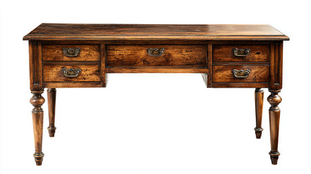 Antique wooden desk isolated on white background, clipping path included.の素材