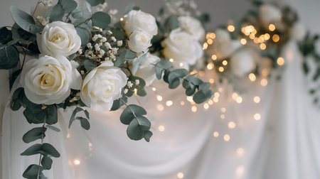 Wedding decor with white roses and eucalyptus branchesの素材