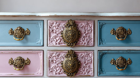 Old wooden chest of drawers with decorative elements, closeup of photoの素材