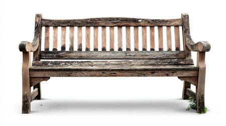 Old wooden bench isolated on white background with clipping path and shadow.の素材