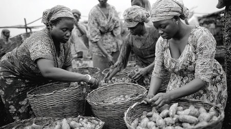 Unidentified women are selling potatoes at the local market.の素材