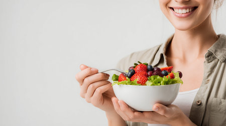 cropped shot of smiling woman holding bowl with fresh salad isolated on greyの素材