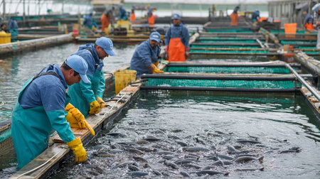 Fishermen are checking the catch of tuna fish in the fish farm.の素材
