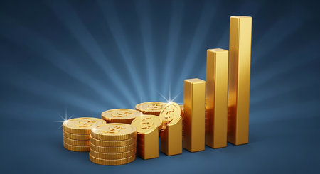 gold coins and bar graph on blue background. 3d illustration.の素材