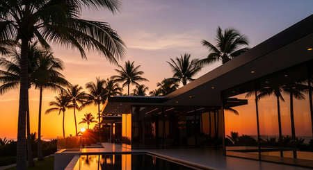 Silhouette coconut palm tree and luxury swimming pool in hotel resortの素材
