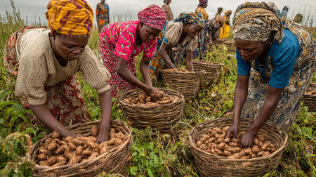 African women harvesting potatoes in a basket.の素材