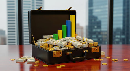 3d illustration of briefcase full of money with graphs and chartsの素材