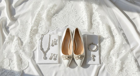 Wedding rings and shoes on a white cloth. Wedding detailsの素材