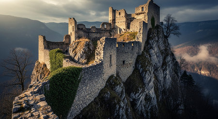 Ruins of medieval castle in the mountains at sunrise, Poland.の素材