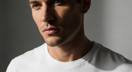 Portrait of a young man in a white t-shirt on a gray backgroundの素材