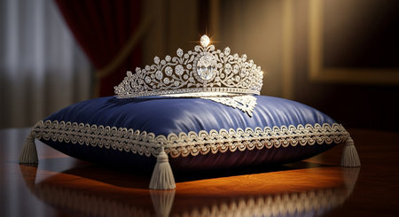 King crown on a blue pillow. 3D rendering. Selective focus.の素材