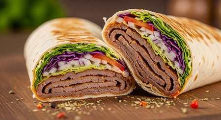 Tortilla wrap with meat and vegetables on a wooden background.の素材